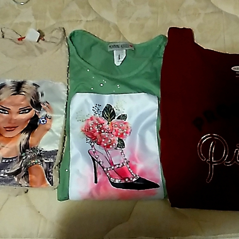 I am selling three casual shirts from: morning kisses, old navy, and rainbow.